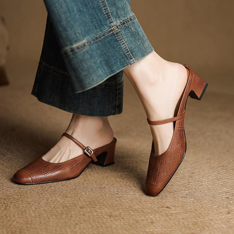 Fashion 2025 NEW Summer Women Mules Genuine Leather Women Shoes Square Toe Chunky Heel Cover Toe Slingback Sandals Modern Slippers