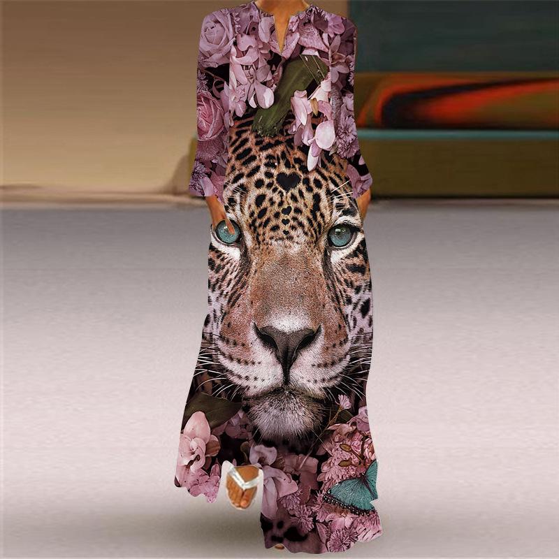 2024 Autumn European & American V-Neck Long-Sleeve Sexy Printed Maxi Dress