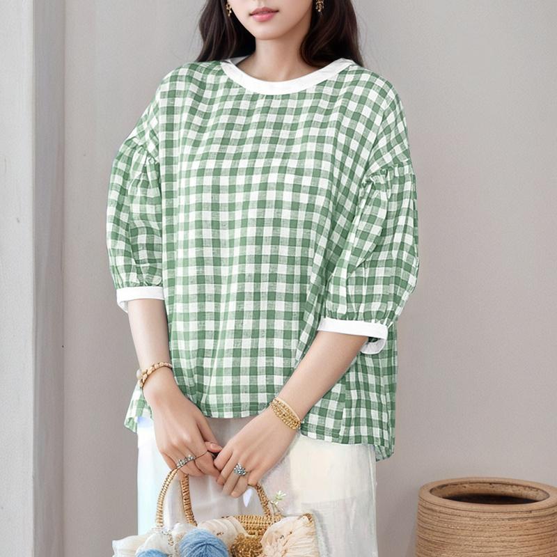 ZANZEA Women Casual Round Neck Half Sleeve Grid Print Blouse