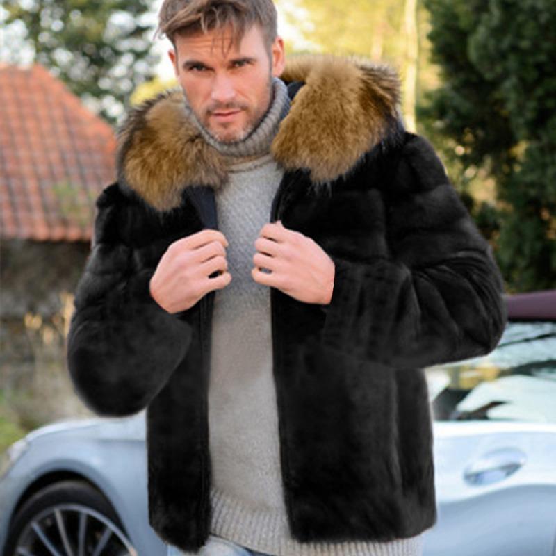 Men's Black Faux Fur Jacket with Contrast Hood Trim Warm Winter Coat
