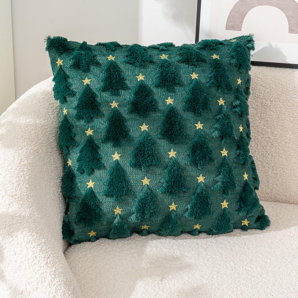 Christmas Tree Fleece Cushion Cover with Star Embroidery - Holiday Sofa Decoration Pillow Cover