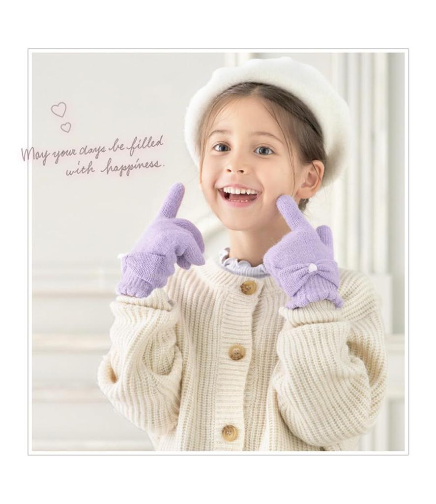 Knit Gloves for Fleece Ages [Arisana] Kids' Girls, Five-Finger, Junior, Lining, Plain, Ribbon, Mint, 6-12