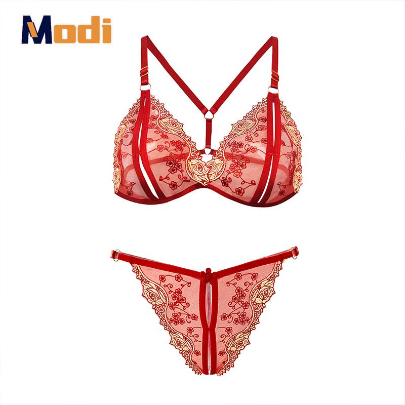 Sexy Three Point Embroidery Underwear Set Plus Size Adjustable Erotic Open Crotch Thong Flower Lingerie Micro Bikini Cupless Bra 2 piece set