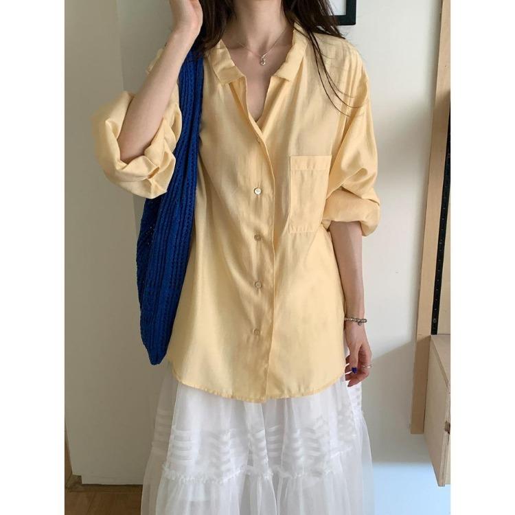 Women Loose Fit Long Sleeve Thin Shirt Lazy Style S жёлтый