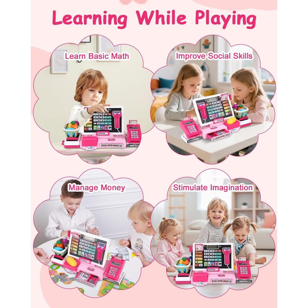 Cash Recorder Toys, Cash Register Toy for Kids, Tote Kinder Rollenspiel Supermarkt Spielzeug Set, with Audio, Scanner, Shopping Basket, Real