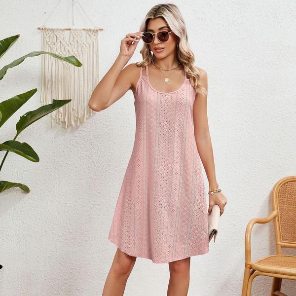 Women's Fashion Casual U Neck Double Shoulder Straps Dress Summer Hollowed Breathble Loose Dress Soft Comfortable Dress