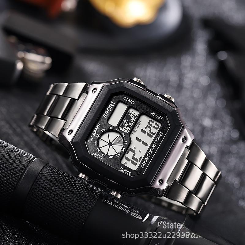 Men's Fashion LED Luminous Steel Band Square Electronic Watch