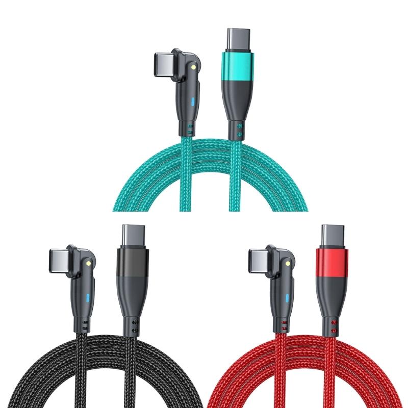 60W Power Type C Cable with Led Lighting Nylon Wrapped USB C Fast Charge Cord 180 Degree Adjustable Heads For Convenient