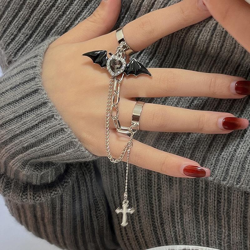 Y2K Little Devil Heart Wing Ring for Women Men Gothic Dark Cross Chain Pendant Love Crystal Opening Two Fingers Fashion Jewelry