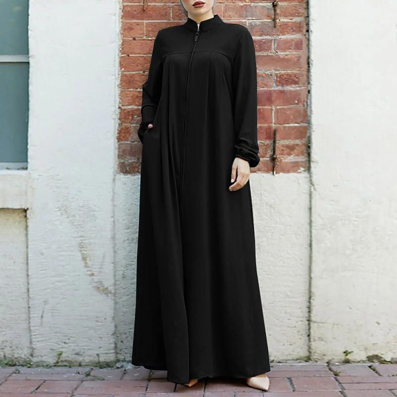 Abaya Ramadan da Donna Oversize con Zip Frontale Abito Musulmano Tasche Collo Alto Abbigliamento Monocolore Ampio