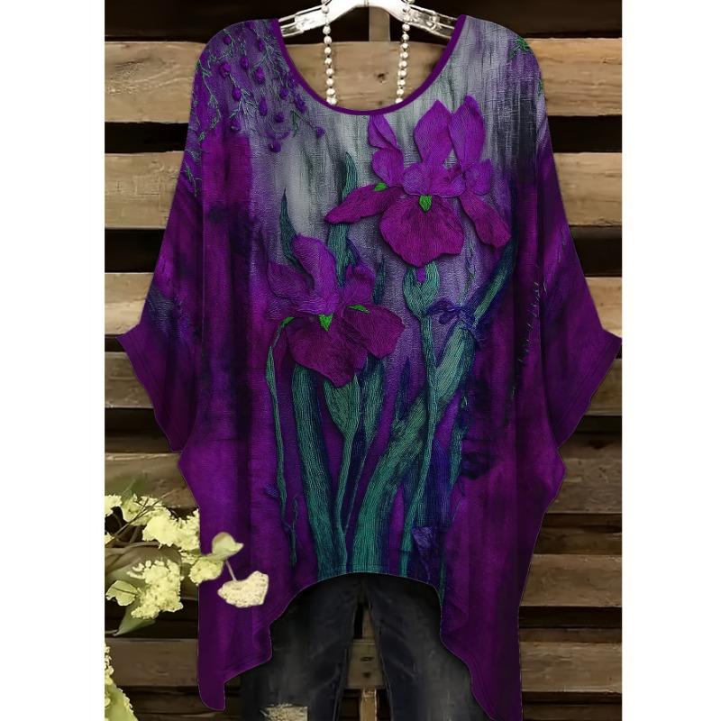 Women Plus Size Purple Floral Print T-Shirt Swallowtail Hem Round Neck Short Sleeve Casual Summer Tops