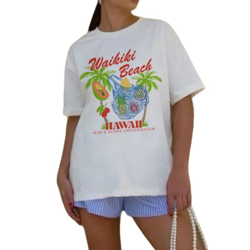 Hawaii Coastal Graphic Tees Waikiki Beach Vacation T Shirt Oversized Aesthetic Tropical Fruit TShirt Cotton Womens Clothes Y2k S
