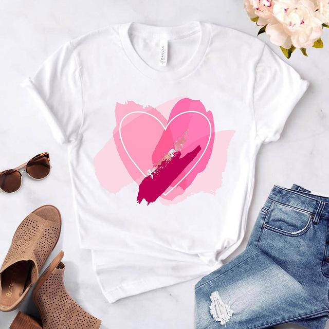 Love Heart Print T-Shirts For Women Clothing Round Neck Casual Top Clothes Short Sleeve Versatile Graphic Printed Fashion Shirts
