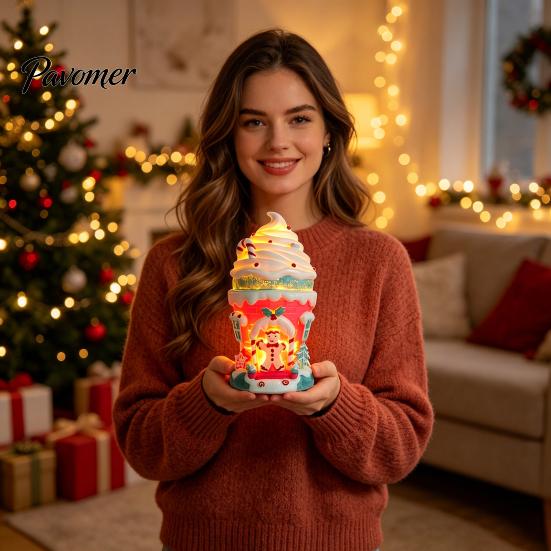 Illuminated Miniature Village House Lighted Ice Cream Christmas Figurine, Candy Gingerbread Decor with LED Whimsical Cabin Ornament Light, Warm Light