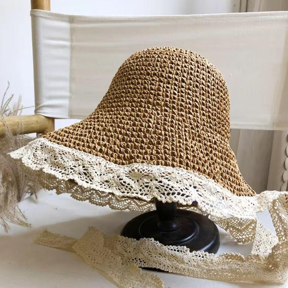 Large Edge Summer Lace Sun Hat Wide Brim Panama Cap French-style Straw Hat  Outdoor Travel