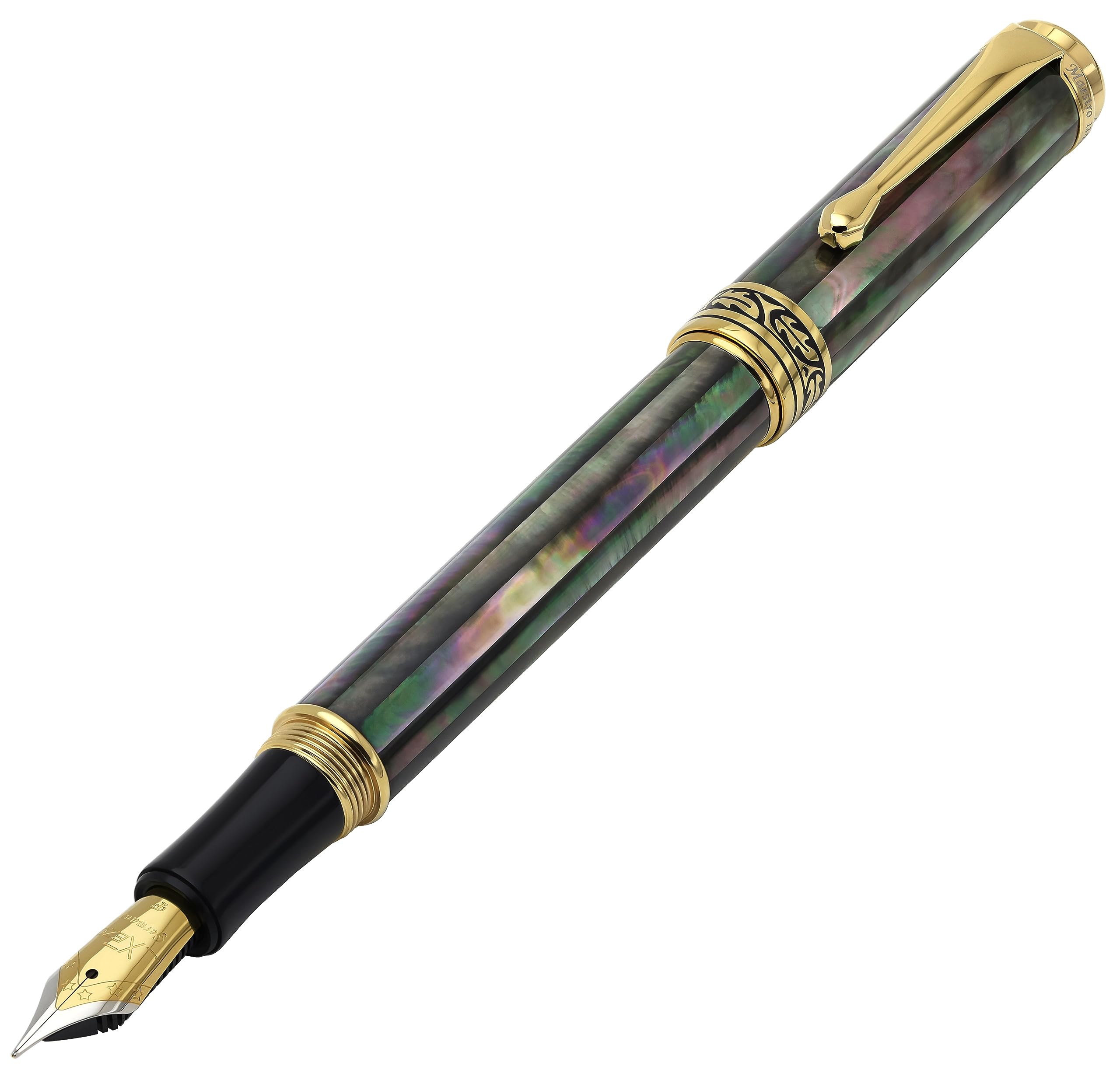 

Xezo Maestro Fountain Fine Handcrafted from marine iridescent Tahitian black 18k gold no two are Pen, Nib. mother-of-pearl. plated. Serialized,