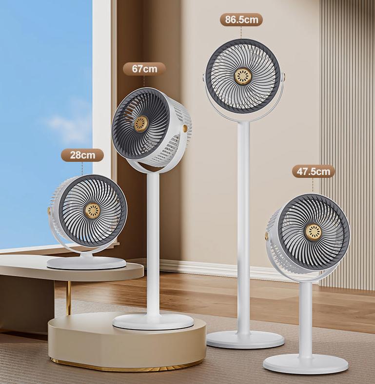 A humidifying spray floor fan featuring a brushless motor, 12-speed shaking function, outdoor lighting, emergency mobile phone charging capability