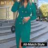 Women's Fashion Autumn Winter Solid Color Print Long Sleeve POLO Neck Casual Dresses