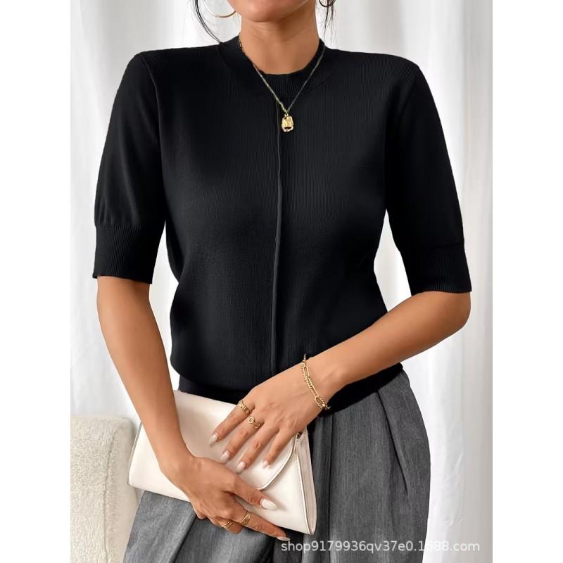 Womens Solid Color Knit Pullover Sweater 2026 Round Neck Short Sleeve Slim Fit Casual Elegant Top