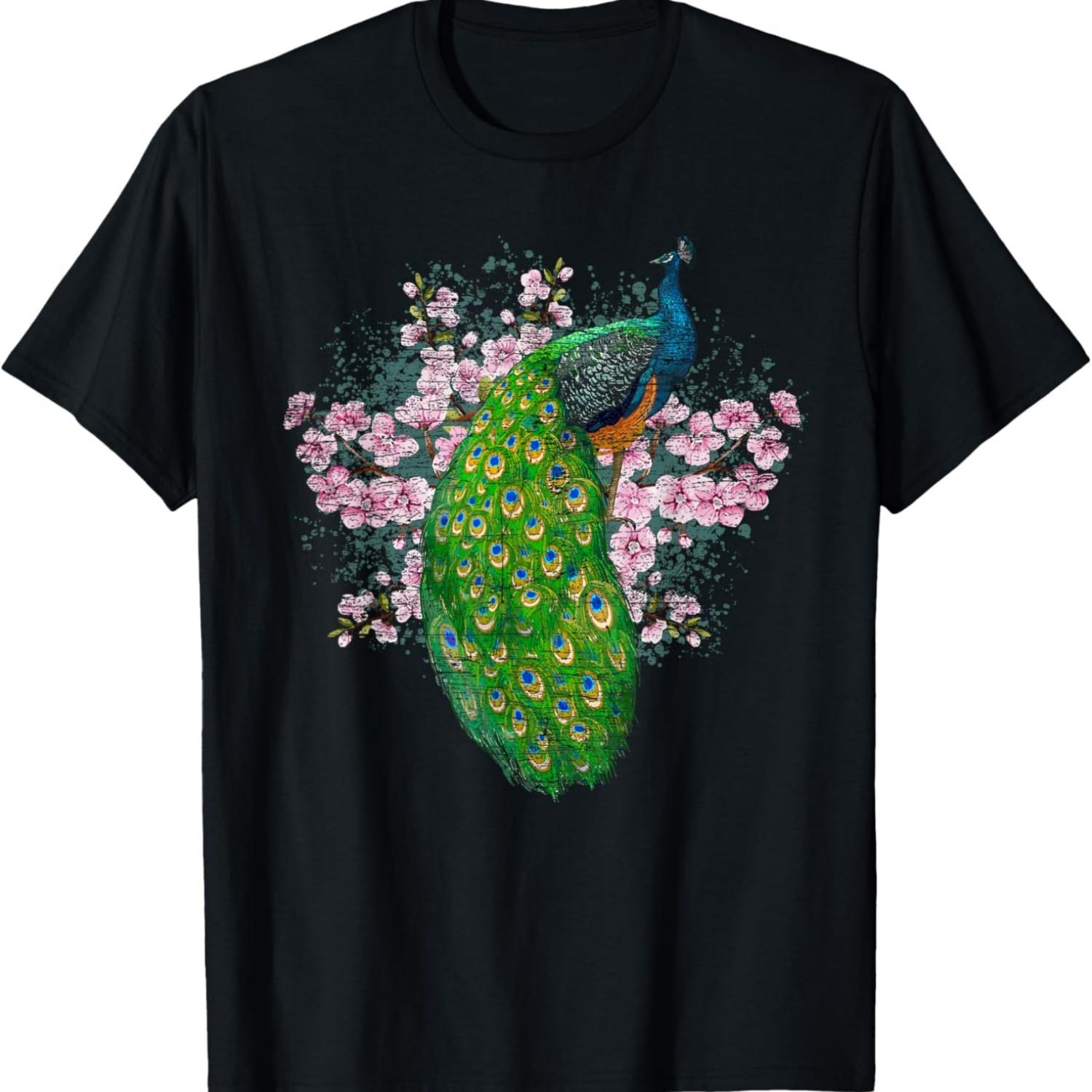India Bird Sakura Decorative Animal Cherry Blossom Peacock T-Shirt S чёрный