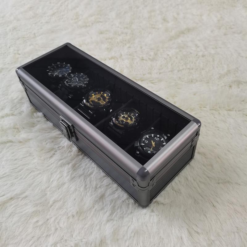 Aluminum Alloy Watch Box with Transparent Lid, 5 Slots, Multiple Colors