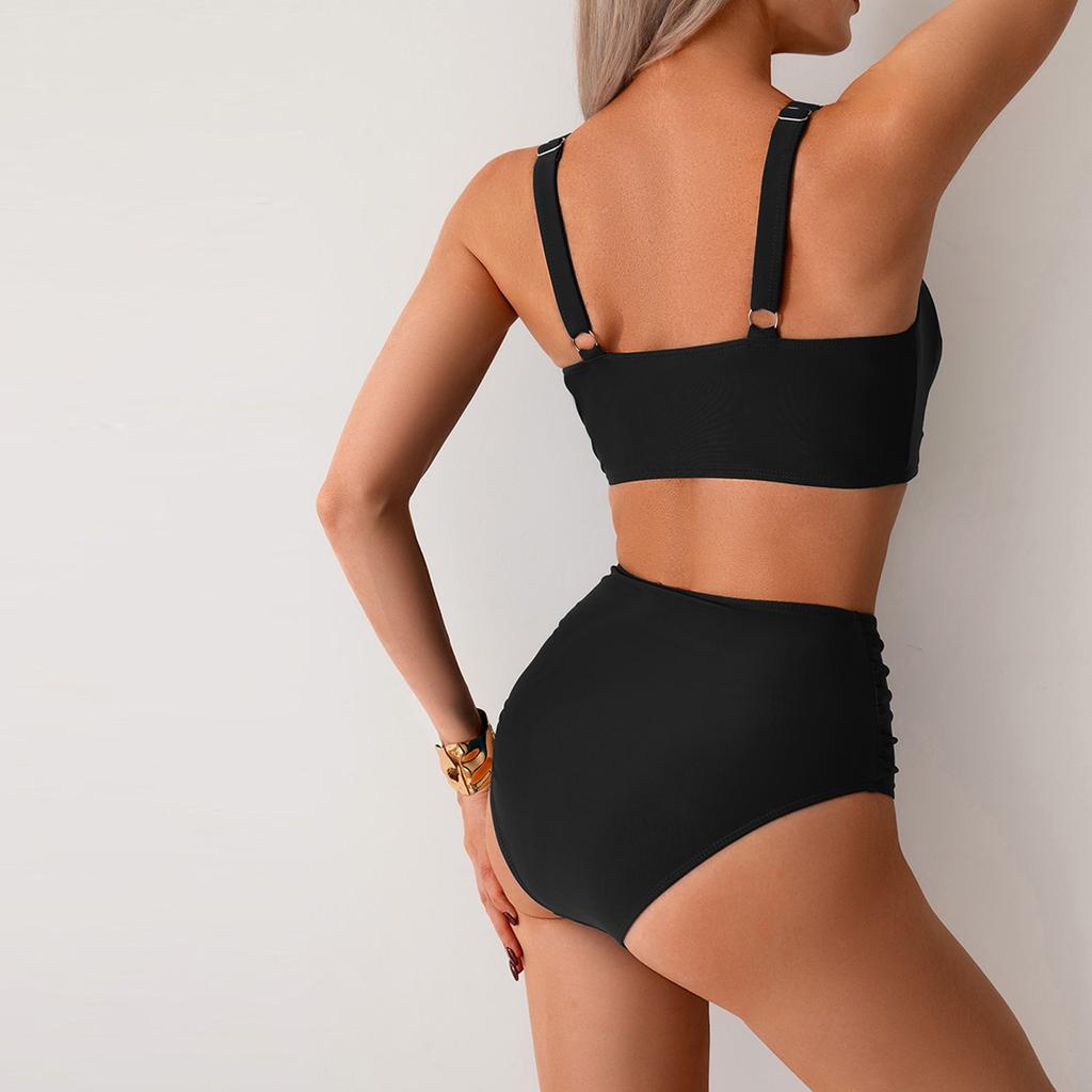 Vintage Bikini Sets Swimsuit Women Two-Piece Suits Swimwear Solid Color Deep V-Neck Bathing Suit Beach Vacation Swimsuit