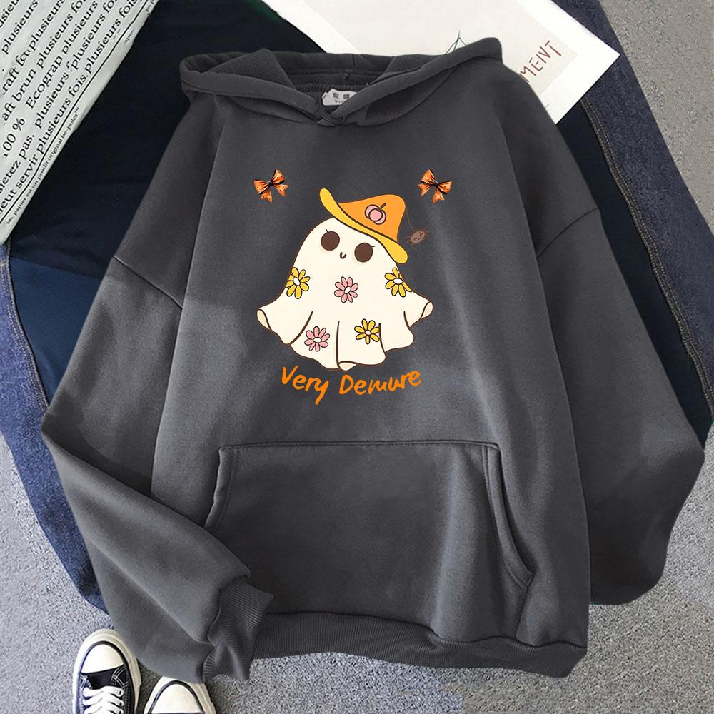 Not Too Spooky Very Demure Hoodies Cartoon Halloween Print Sweatshirt Ghost Print Top Men Women Clothes Long Sleeved Top