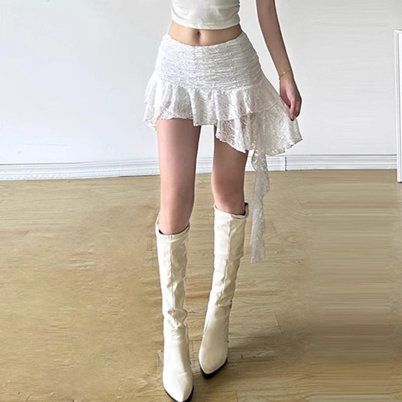 Retro Lace Skirt Trim Irregular Streamers Slim Skirt