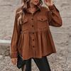 Lässiges Cordhemd für Damen mit Babygesicht, Rüschenkanten, Plus Knopfleistenjacke