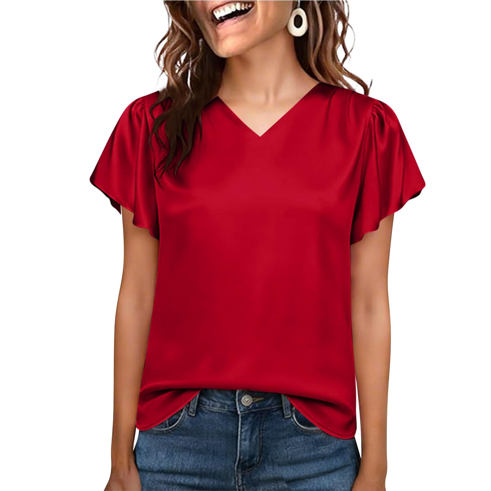Women s Fashionable Color V Neck Pleated Loose Ruffle Edge Short Sleeved Shirt Top L красный