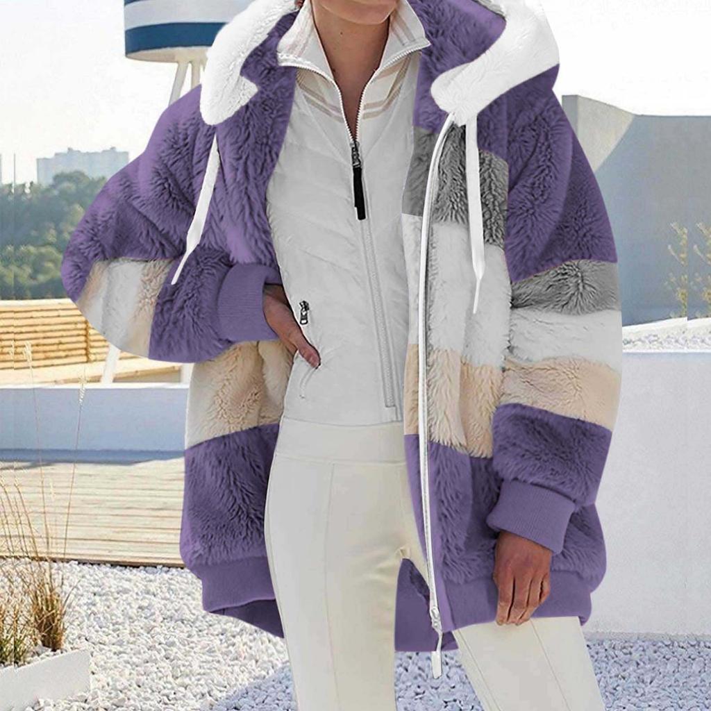 Women's Fashionable Plush Patchwork Zipper Pocket Hooded Long Sleeved Loose Warm Jacket