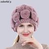 New Arrival Flowers Real Fur Hats Winter Russian Women Natural Rex Rabbit Fur Caps Lady Genuine Rex Rabbit Fur Beanies Cap