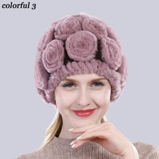 New Arrival Flowers Real Fur Hats Winter Russian Women Natural Rex Rabbit Fur Caps Lady Genuine Rex Rabbit Fur Beanies Cap