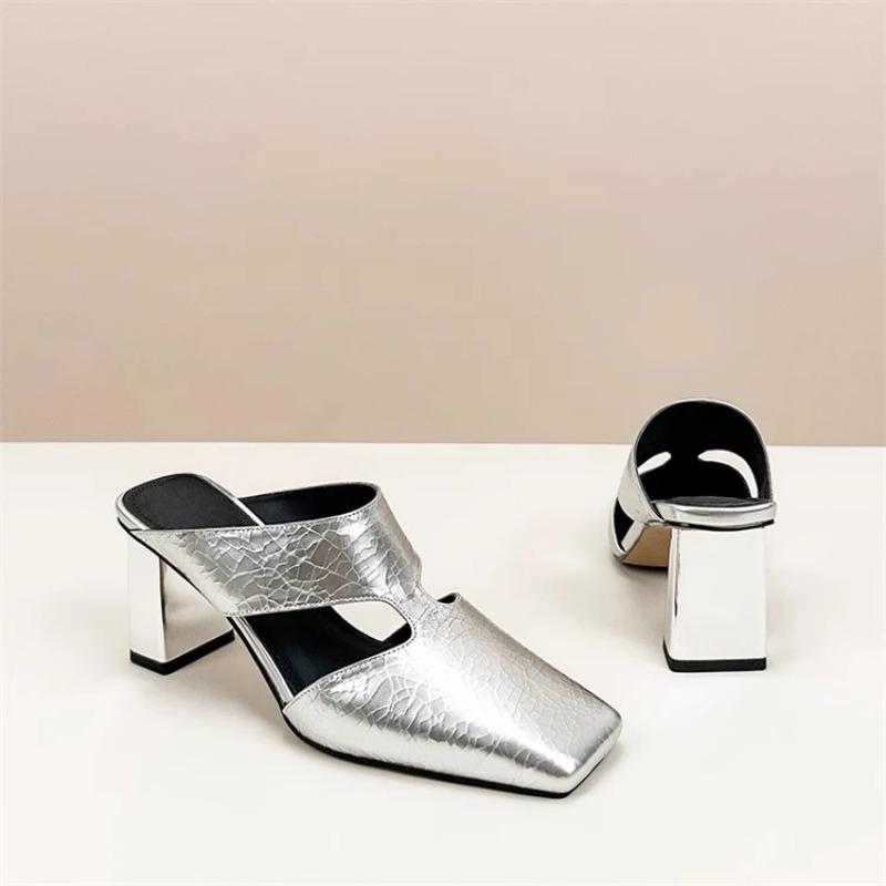Mote Nye Pumps Damesandaler Ute Naturlig Skinn Sprekket Tøfler Kvinnelig Mote Firkantet Tå Mules Høy Hæl Slides Sko