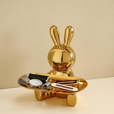 Ceramic Bunny Statue Storage Ornament Crafts Electroplating Rabbit Statues Storage Tray Christmas Gifts for TV Cabinet Office