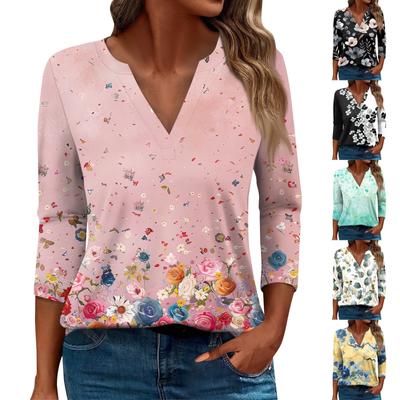 חולצת טי לנשים מודפסת 3/4 שרוול יומי אופנה סוף שבוע טופ רגיל עם צווארון V בסיסי
