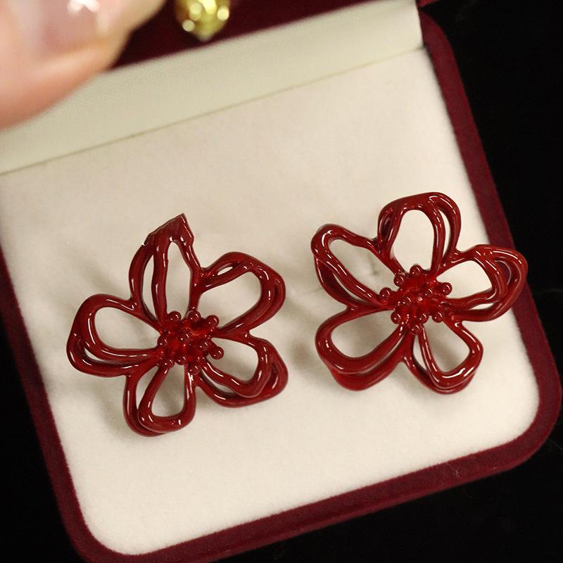Red Hollow Flower Earrings: Elegant Silver Needle Studs for Women