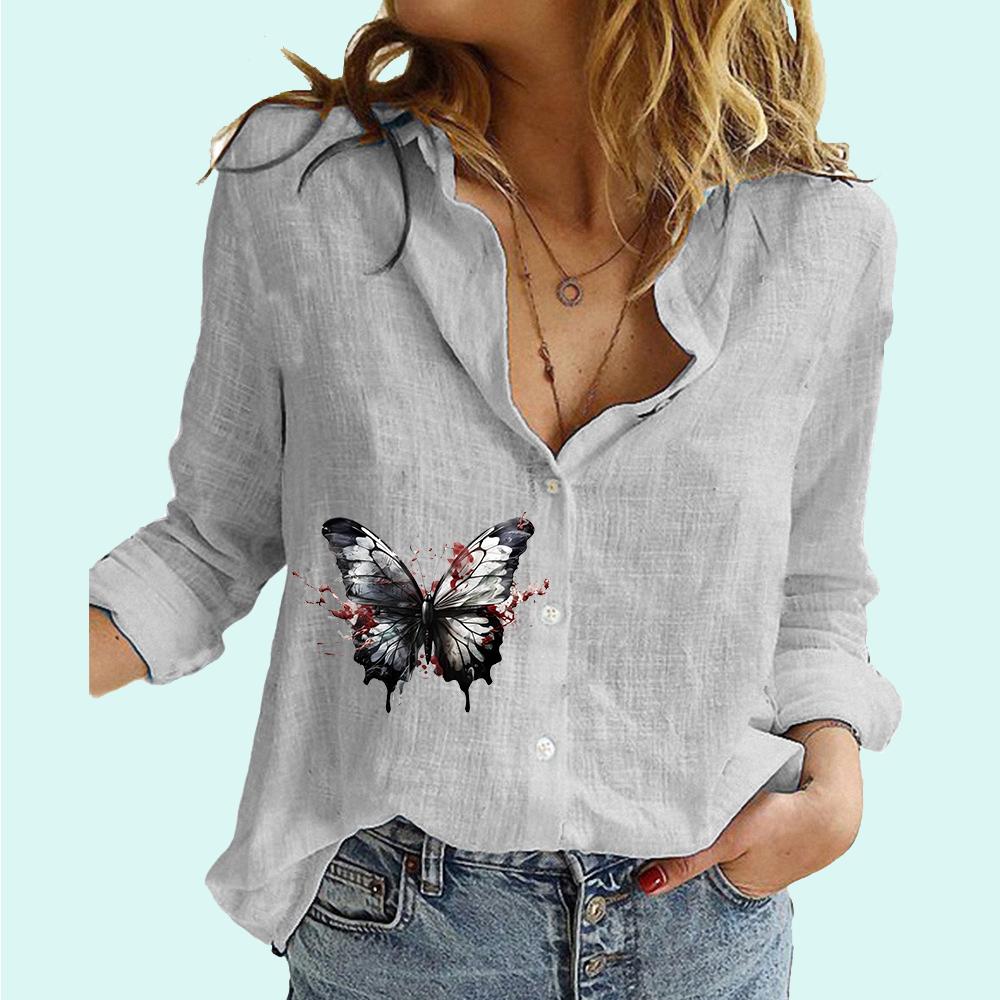 Camisa feminina casual com estampa de borboleta e botões, moda feminina, primavera e outono, manga comprida, blusa de linho feminina, blusa de manga comprida
