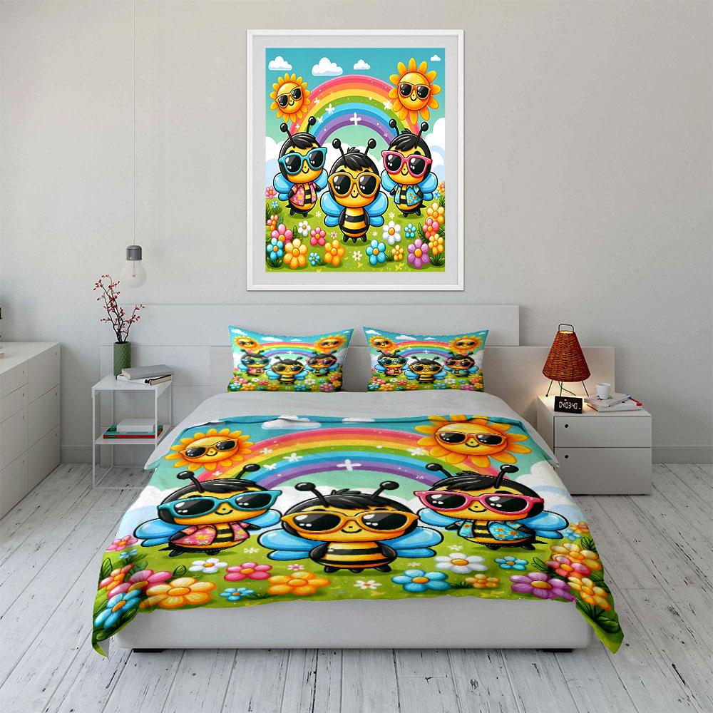 "Cheerful bees with rainbows" Bedding sets Duvet covers Pillowcases(1* Duvet Cover 2* Pillowcases without duvet insert)