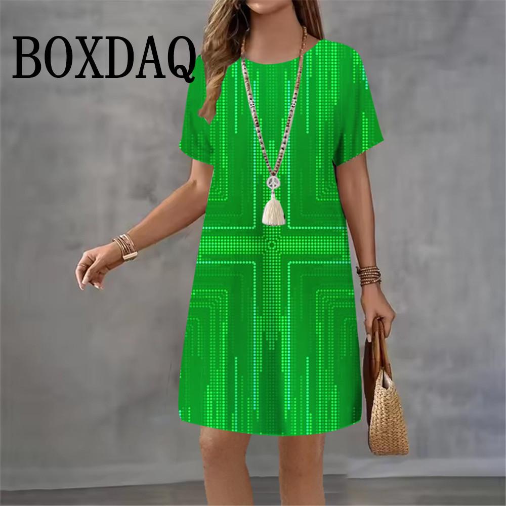 2026 New Women's Dresses Geometric Graphic Abstract Striped Print Elegant Dress Female Summer Loose Short Sleeve Rint Dress