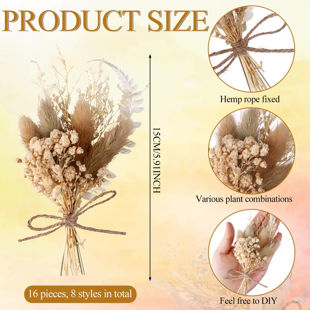 12Pcs Boho Dried Flower Bouquet Mini Dried Flower Mini Wedding Handmade Dry Flowers Decor Natural Branches Dog Tail Bunny Rabbit
