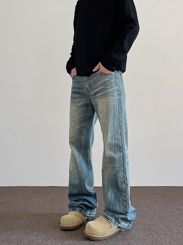 Men's Retro Distressed Jeans: Bamboo Texture, Slight Flare, Loose Fit Casual Pants