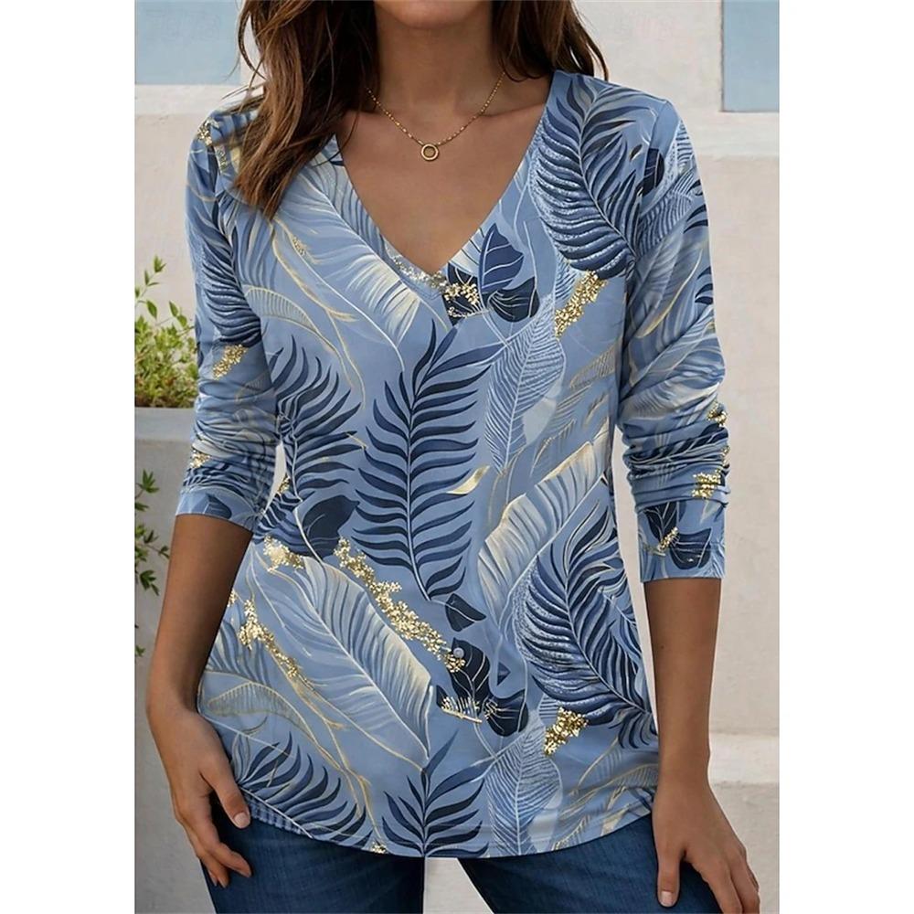 Elegant Women's Autumn Top V-Neck Vintage-Print Long-Sleeve T-Shirt Loose Comfortable and Stylish for Streetwear or Outdoor Wear