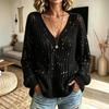 Women's Loose Slouchy V-Neck Sequin Open Knit Sweater Casual Long Sleeve Pullover Top for Fall Winter