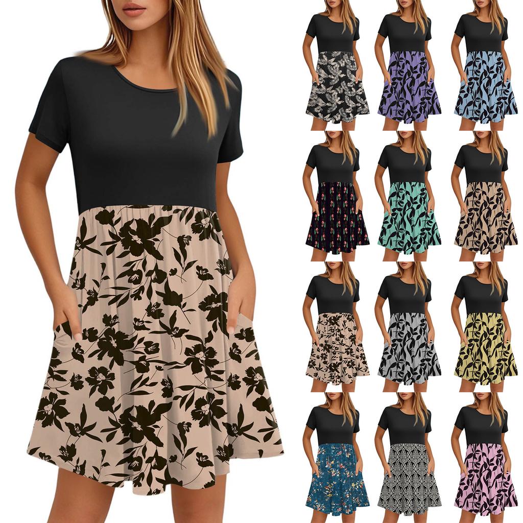 Women's Fashion Casual Loose Round Neck Short Sleeve Printed Pocket Dresses