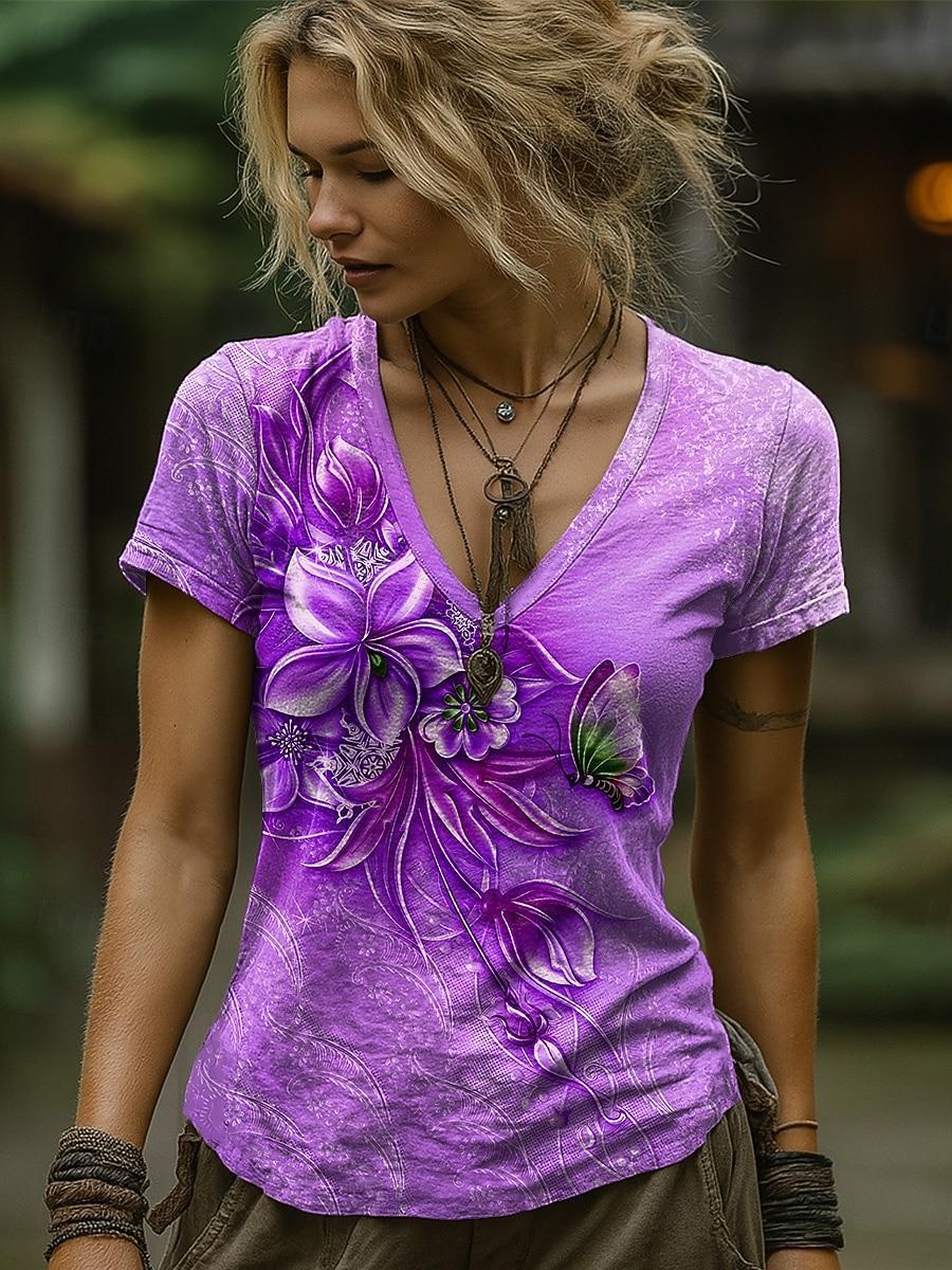 

Women s T Shirt Print Floral Graphic Paisley Bohemia Vintage Stylish Short Sleeve V Neck Regular Tops S
