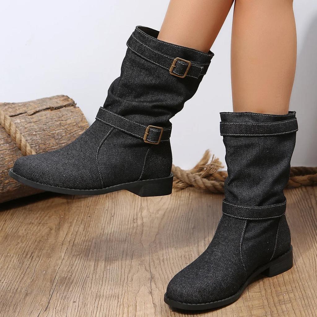 Large Buckle Denim Women's Boots Blue Buckle Fashion Boots Autumn Winter New Square Heel Round Toe Women's Boots Platform Shoes