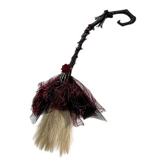 Durable Reuseable Broom Halloween Witch Broom, Black Tulle Cosplay Costume, Gothic Home Ornament Rose Skeleton Hand Broomstick for Party, Decor Indoor