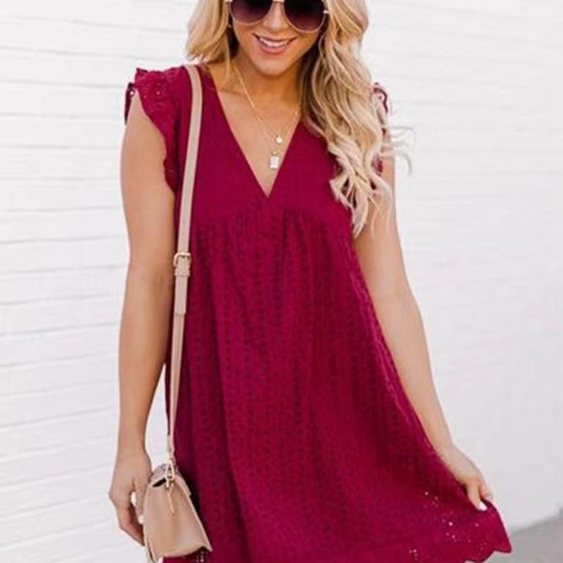 Vestito estivo da donna bianco mini con scollo a V, ricamo a giorno, maniche a balze, linea ad A morbida, da spiaggia con tasche