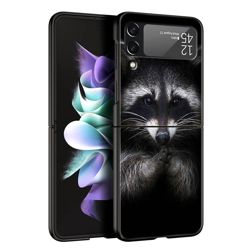 Hard PC Phone Case For Samsung Galaxy Z Flip 7 6 5 4 Black Cover For Galaxy Z Flip 3 Foldable Shockproof Cute Animal Raccoon Bag